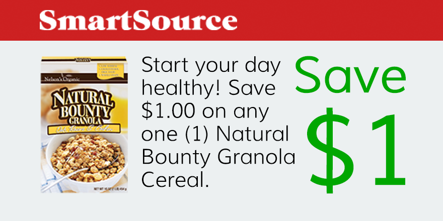 SmartSourceApp's tweet image. Start your day off healthy! Save $1.00 on any one (1) Natural Bounty Granola Cereal. coupons2.smartsource.com/smartsource2/s…