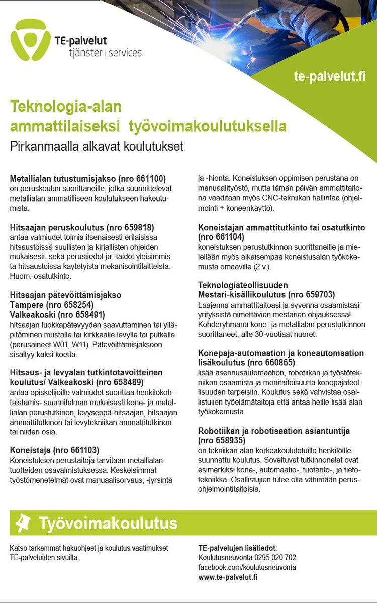 Haussafi's tweet photo. #MetallinAmmattilaiseksi ks. syksyn 2015 koulutukset myös te-palvelut.fi ->Pirkanmaan->Ammattiala 7 http://t.co/Ho6lmmKVBB