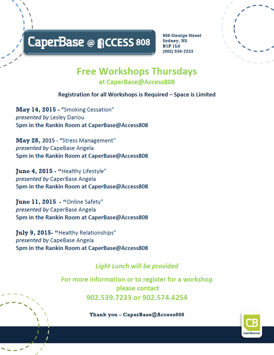 caperbase's tweet image. Free CaperBase Workshop @Access808 May 14 Smoking Cessation 5pm 808 George St Sydney NS Limited seats 5397233 5744254