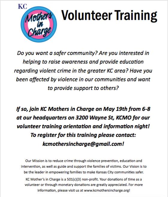 kcmic's tweet photo. Please join us on Tuesday, May 19th for Volunteer Training. Register by emailing us at: kcmothersincharge@gmail.com. http://t.co/5CiwXh6mLb