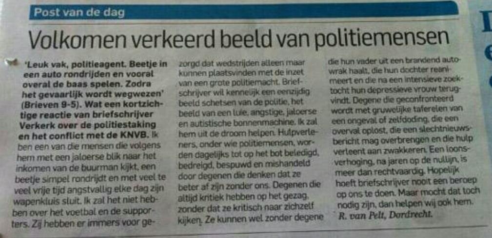 ACPNoordNL's tweet photo. Mooi stuk in de krant om eens te lezen... 'Volkomen verkeerd beeld van politiemensen' #onzepolitie @Politiebond http://t.co/unbQcBhsjn