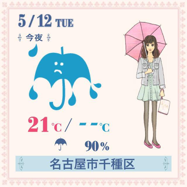 5/12(火) 今夜の天気 (名古屋市千種区)
雨 21℃/--℃ 90%
雨で、雷の鳴ることもありそうです。長袖に１枚羽織るものがあると安心。
DLはこちら→r.osharetenki.jp/r?referrer=ss