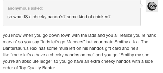 blissfulfiction's tweet photo. the best responses to "what's a cheeky nandos?" http://t.co/4KA9pEl8kS