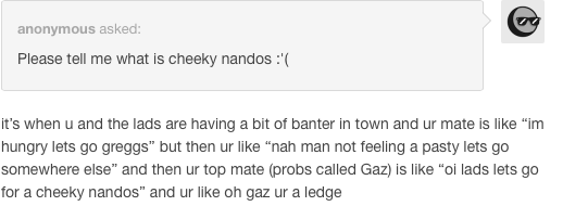 blissfulfiction's tweet photo. the best responses to "what's a cheeky nandos?" http://t.co/4KA9pEl8kS