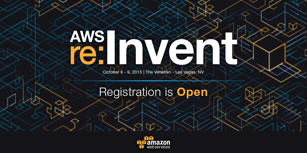 awscloud's tweet photo. Registration for AWS re:Invent 2015 is now open - get your tickets now! #reinvent http://t.co/Ym8pRXb17M http://t.co/n94xbJaMWx