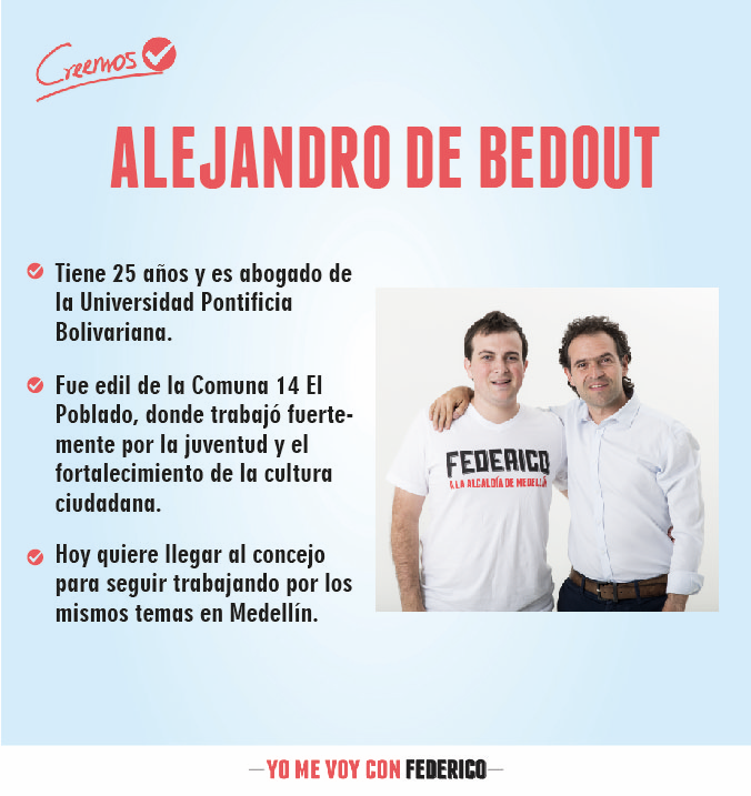 FicoGutierrez's tweet photo. Alejandro (@alejodebedout) Ex edil del Poblado, lider juvenil y comprometido con la cultura ciudadana. #CREEMOS http://t.co/YuO7DxqUWr