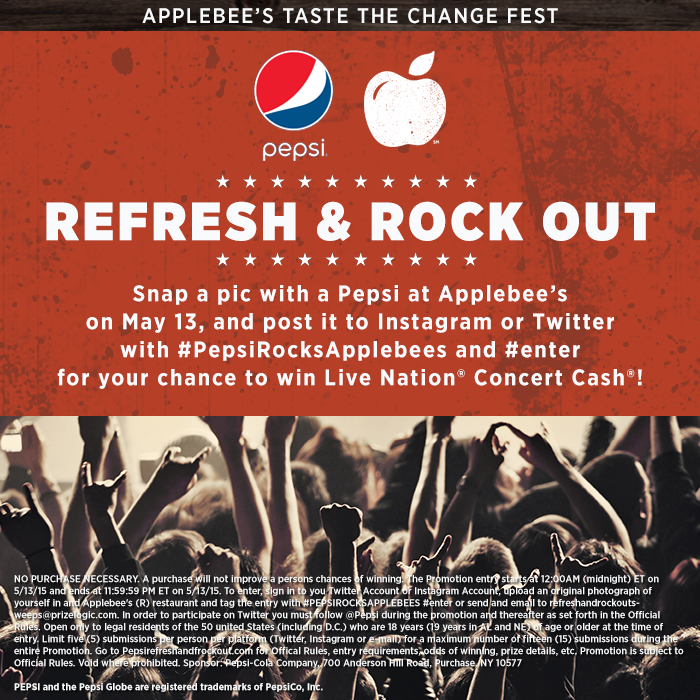 Applebees's tweet photo. Go to @Applebees 5/13 tag you &amp; a @pepsi #PepsiRocksApplebees #enter for a chance to win @LiveNation Concert Cash. http://t.co/QyOMoYX8xW
