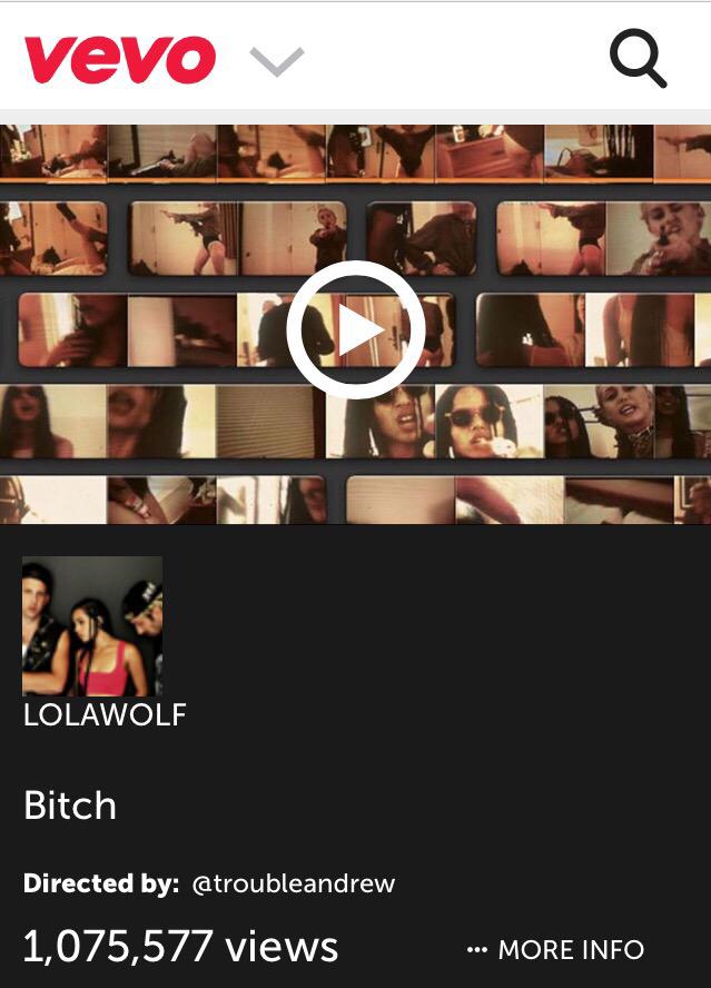 troubleandrew's tweet photo. Over a Milli views #Bitch #Lolawolf @lolawolfband @ZoeKravitz x @MileyCyrus #TrbleVision http://t.co/1MvZBvOmGD