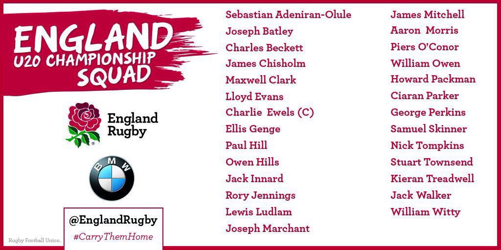 Congrats <a href="/RoryJennings/">Rory Jennings</a> <a href="/max_clark95/">max clark</a> + skipper <a href="/charlieewels/">Charlie Ewels</a> on your selection for <a href="/EnglandRugby/">England Rugby</a> U20s World Cup Squad