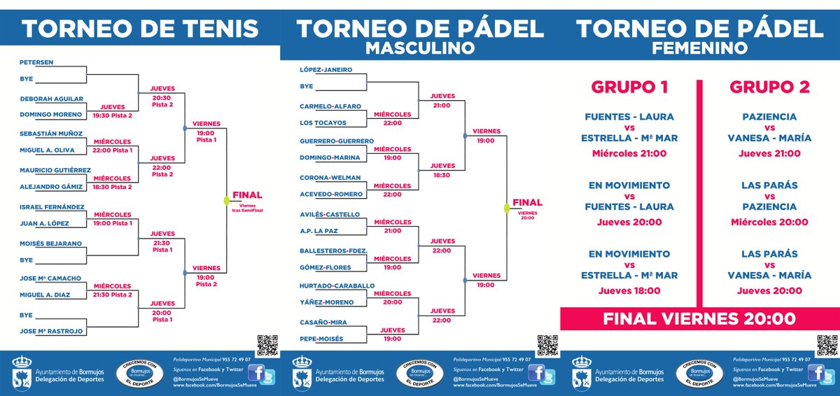★TORNEO LOCAL DE #PÁDEL Y #TENIS★ 13, 14 y 15 de Mayo. Aquí os dejamos los cuadros de partidos y horarios. Suerte! ;)