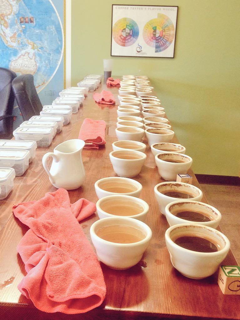 joshdelsol's tweet photo. They come, they cup, they split.  I clean. Roastmaster? Dishmaster! Amazing @LGTrading coffees today, though! http://t.co/Pc3Aej7kGz