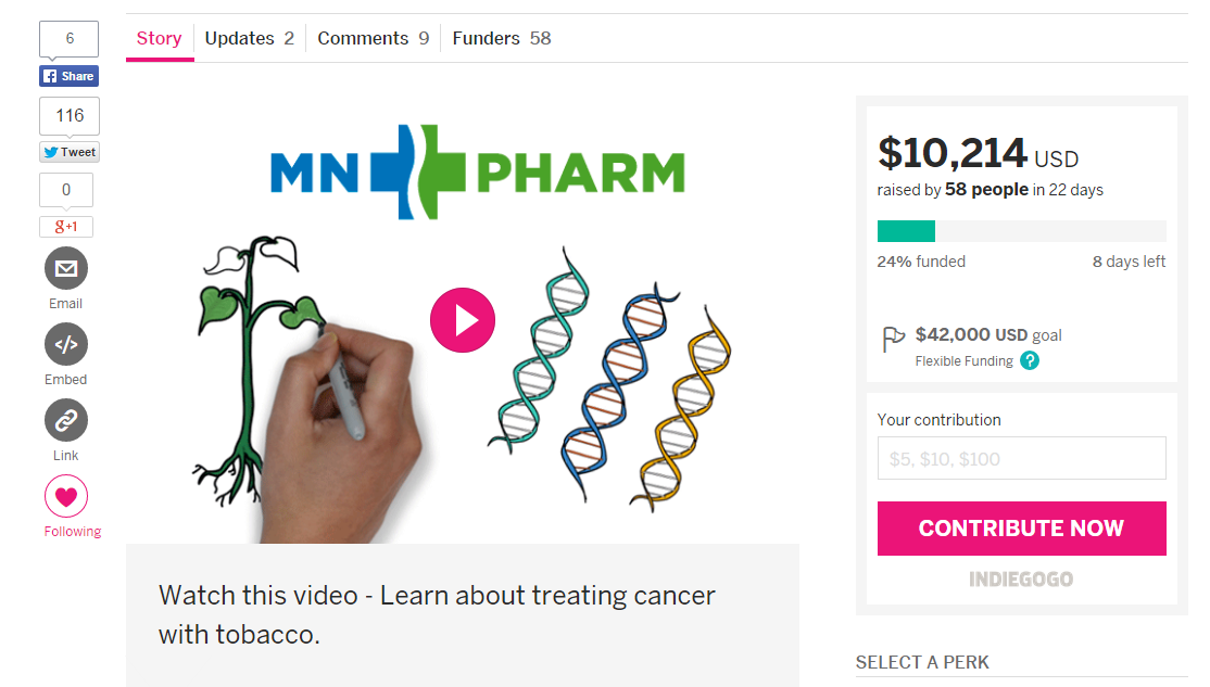 MNPHARM's tweet photo. 8 Days left! help us create #personalized #cancer #treatments grown in tobacco plants http://t.co/BTbWGD7GHO … http://t.co/cGLSrbBVhD