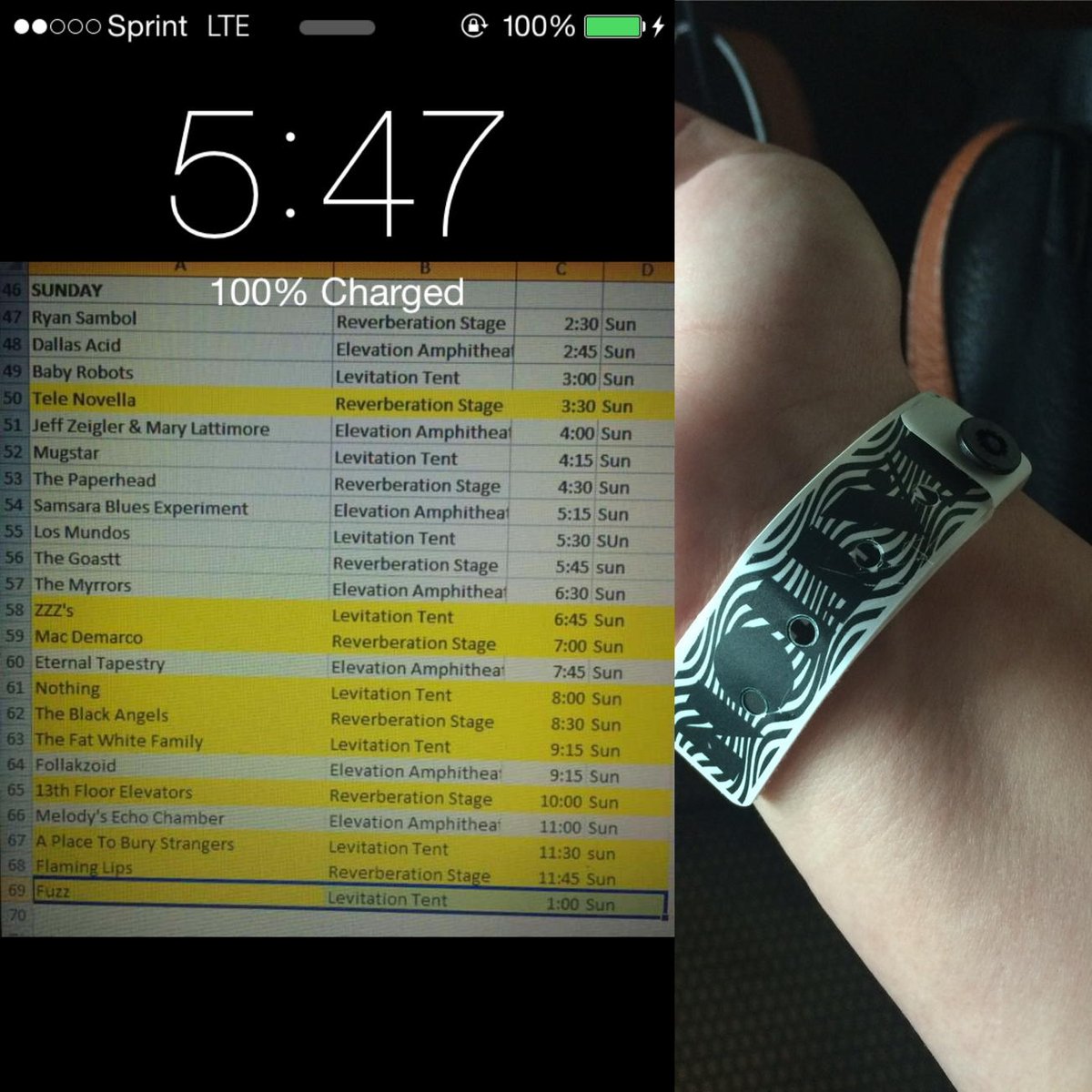 Still got @listenyoungman's spreadsheet as my lock screen & my @AUSTINPSYCHFEST wristband on. Clearly #notoverit