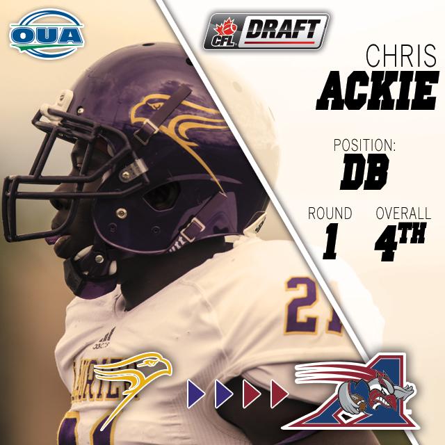 OUAsport's tweet photo. Congratulations @WLUAthletics DB Chris Ackie selected fourth overall by @MTLAlouettes. #OUA #CFLDraft http://t.co/rou9TdrK2p