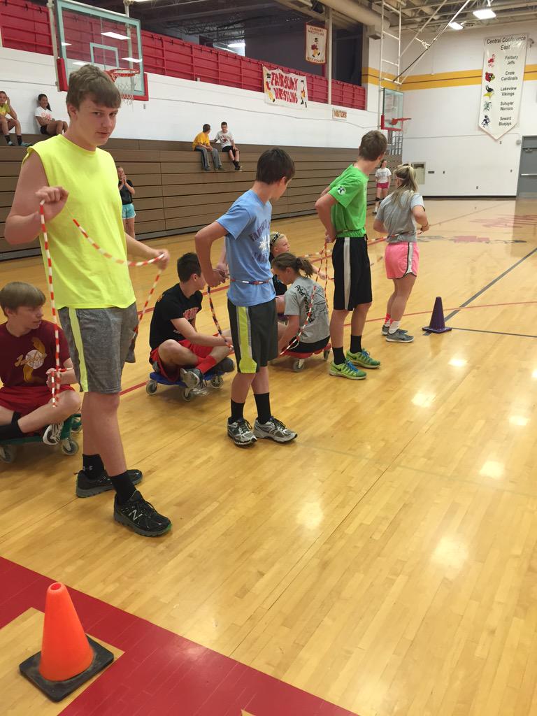 JeffsVolleyball's tweet photo. The Jhigh takes a break from morning weights for a few chariot races. #hardworkers #rewardweek @FairburyJeffs http://t.co/777w4fmEzA