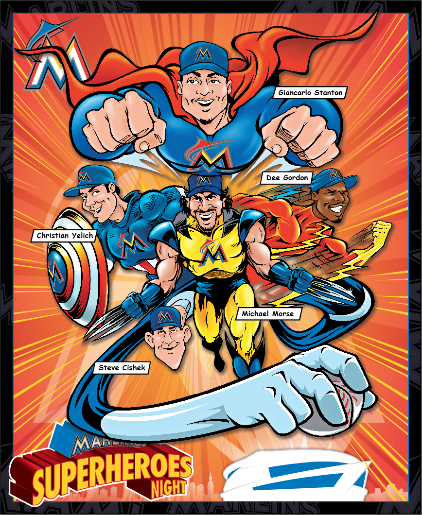 Marlins's tweet image. RETWEET for the chance to win a limited-edition #Marlins Superheroes Poster! #Whiff