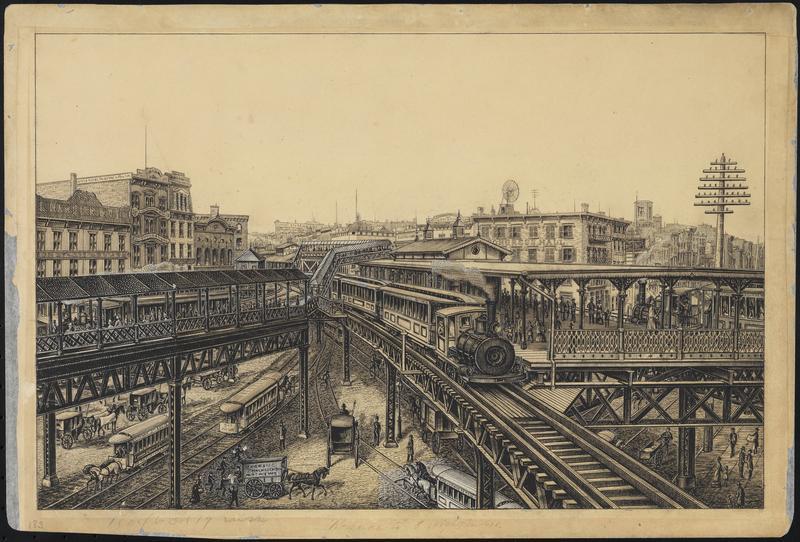 Stream Engine Train on the El at Chatham Square, 1886 (MCNY) 
| #NewYorkCity #NY