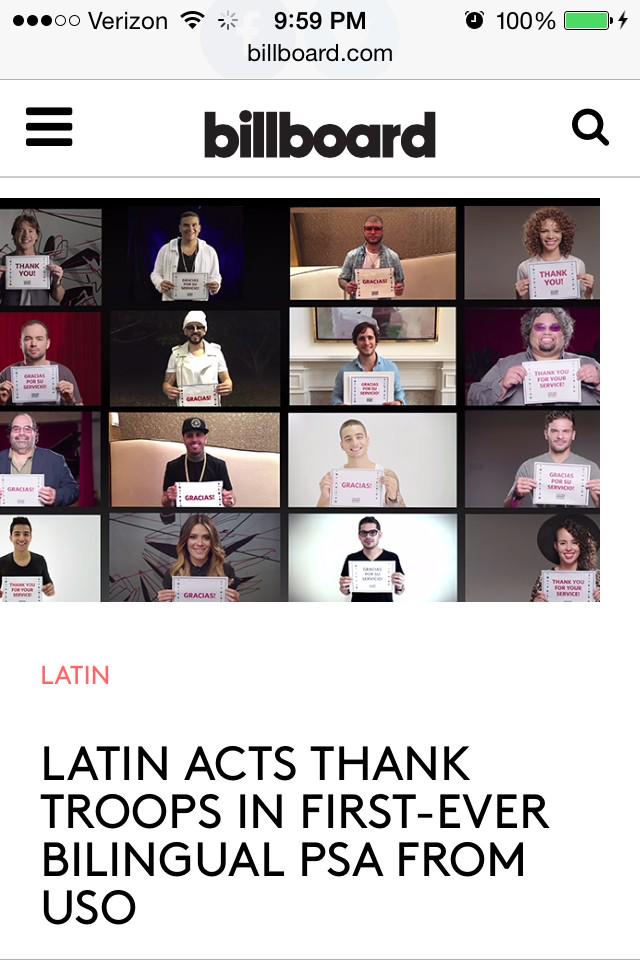 dmyamaki's tweet photo. 1st bilingual PSA in the 74-yr history of @the_USO http://t.co/n0rEcFlkB2 #USOMoments @billboard @SonyMusicLatin http://t.co/5qDel3Cp6J