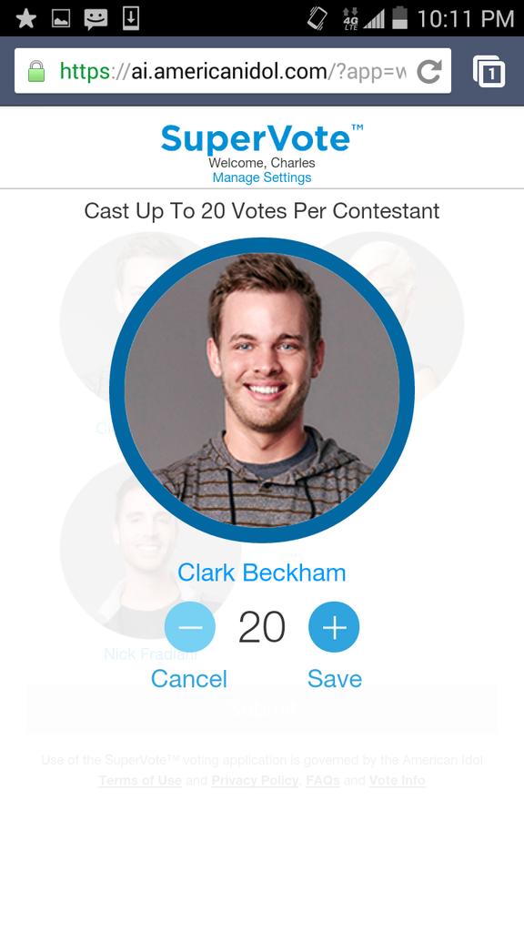 KrissyBowers's tweet photo. I've got my friends and family voting for @ClarkBeckham  as well #WeLoveYouClark #WeAreSoProudOfYou #VoteForClark http://t.co/a1T7EL4Fd5