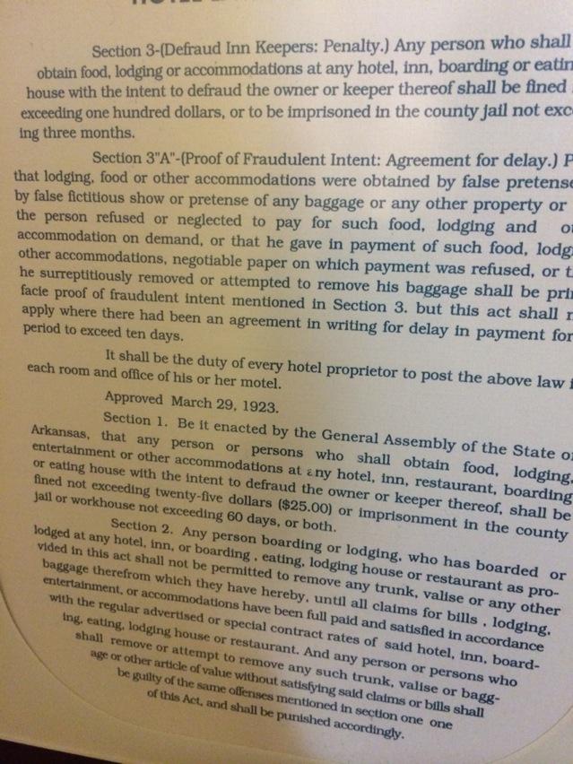 dknoepfle's tweet image. Feels like Arkansas needs to update their 1923 hotel law - a fine not to exceed $25 for fraud? #oldlaws #arkansas