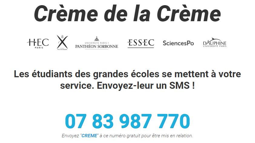 frenchstart's tweet image. Les étudiants des grandes écoles se mettent à votre service par SMS avec .@HelloCreme 
Votez: buff.ly/1KHX54C