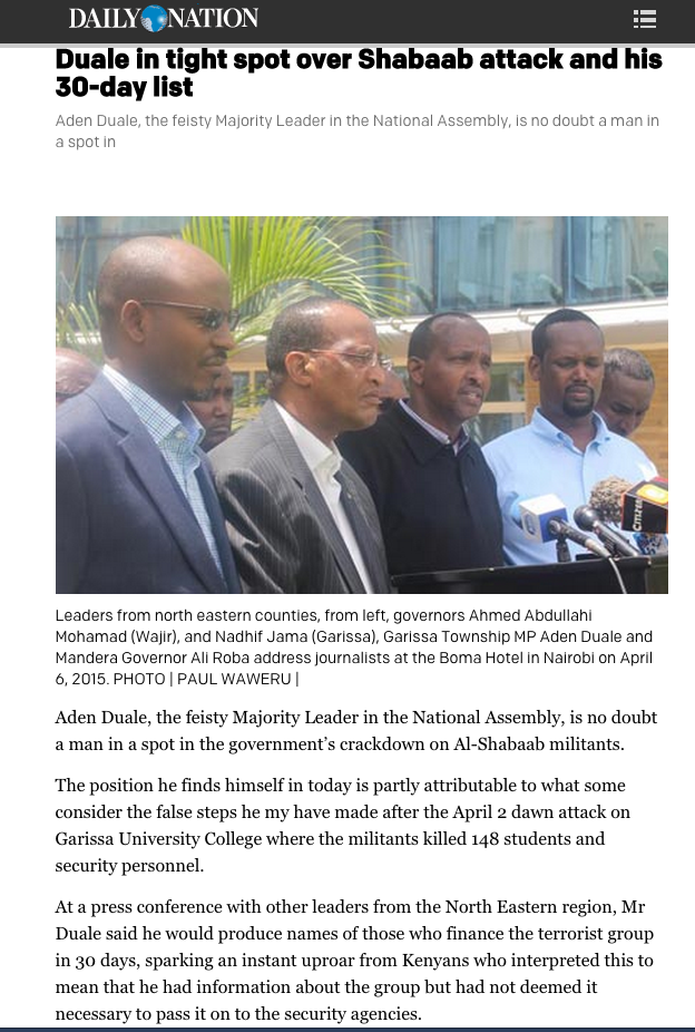 bonifacemwangi's tweet photo. 30 days have elapsed and Duale hasn't produced names of those who finance Al-Shabaab militants. http://t.co/V6iocQqUlC