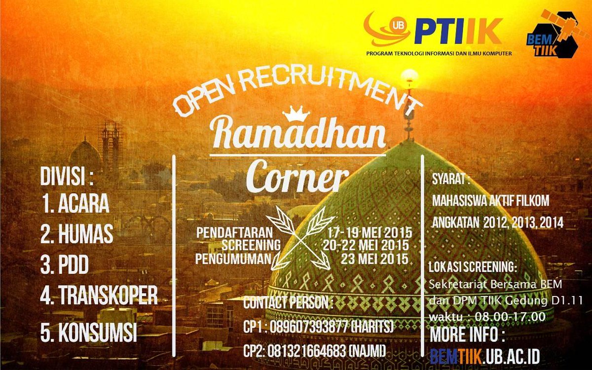 BEMFILKOMUB's tweet photo. Open Recruitment Panitia Ramadhan Corner, selengkapnya: http://t.co/3nFwKmnjyh #AyoKontribusi http://t.co/8ygajMLnMJ