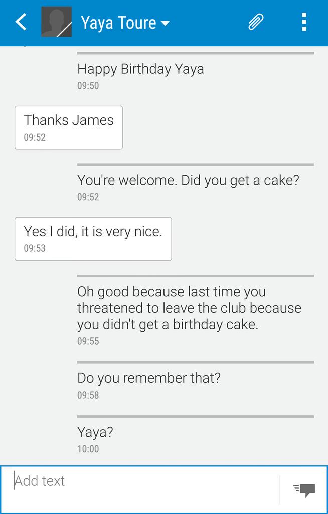 BoringMilner's tweet image. Just sent Yaya a Happy Birthday message.