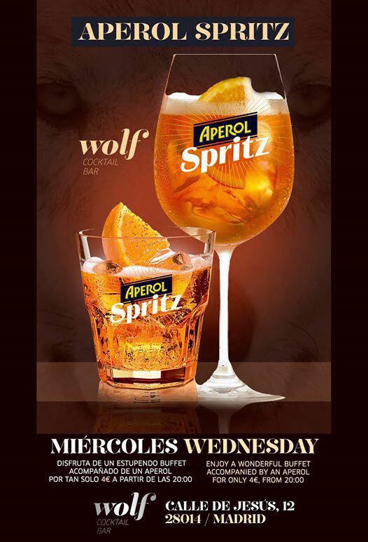 wolfcocktailbar's tweet photo. De 20:00 a 22:00 hs! #aperol #aperolspritz #madrid #aperolspritzmadrid #wolfbar #cocteleria #buffet http://t.co/jz43TY3wvx