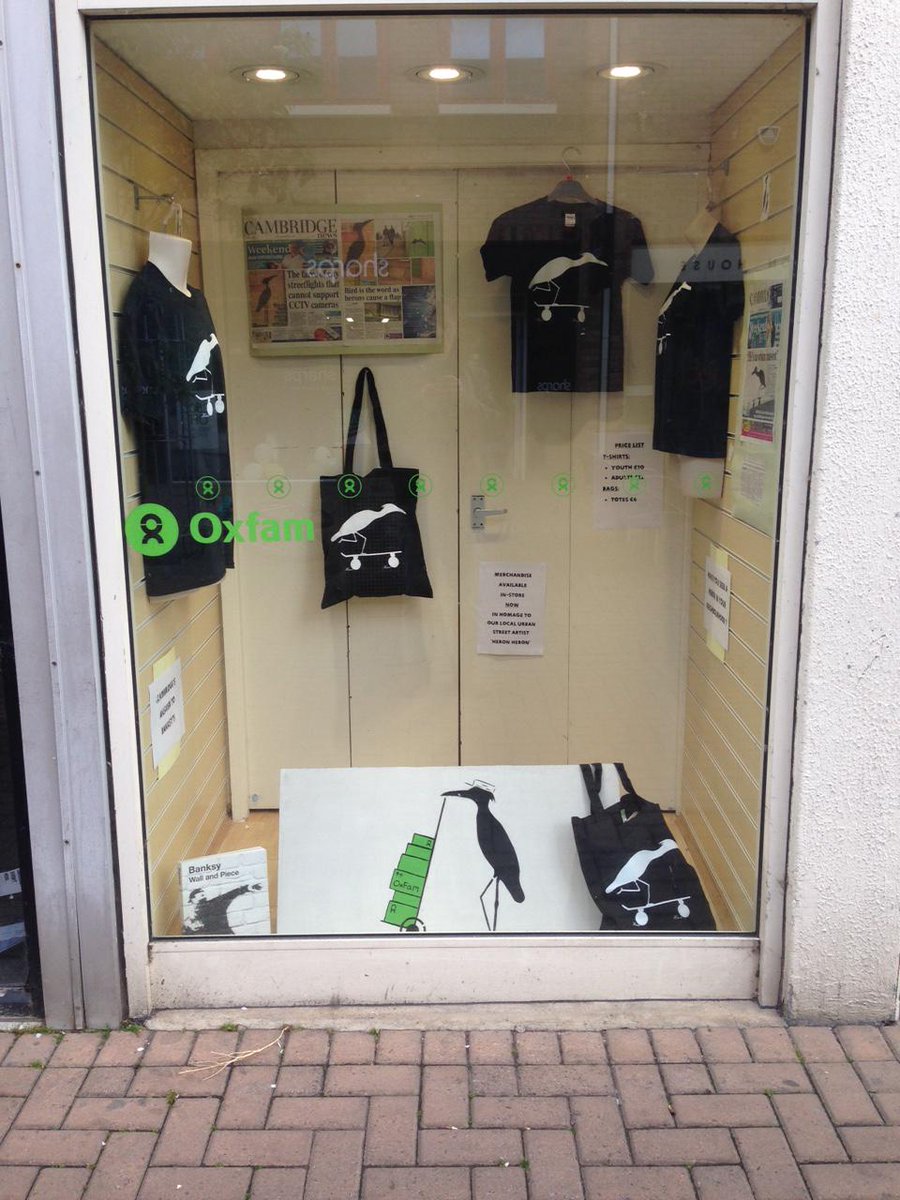 Cambslive's tweet photo. Cambridge's heron graffiti artist teams up with an Oxfam store to support Nepal quake victims http://t.co/HI4s29dcYy http://t.co/yCt2pD0TfZ