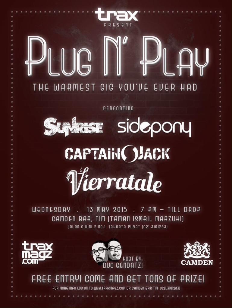 captainjackband's tweet photo. Nanti mlm jam 19.00 di @CamdenJKT #PLUGNPLAY w/@SIDEPONYBAND @Vieratale &amp; Sunrise | Free Entry! Mari ramaikan :)) http://t.co/en7F3z7vpp