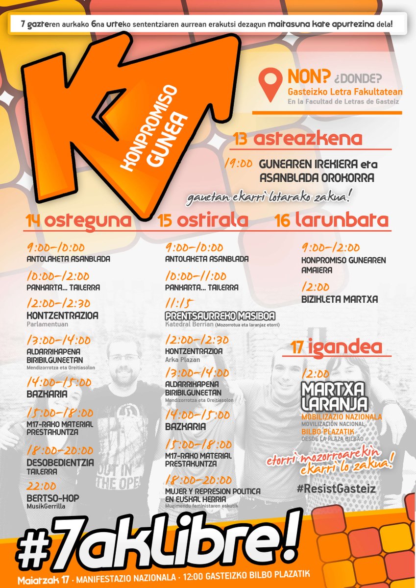 Hemen @GasteizHarresia k antolatutako Konpromiso gunearen egitaraua
Bertatik pasa zaitezte
#ResistGasteiz 
#7akLibre