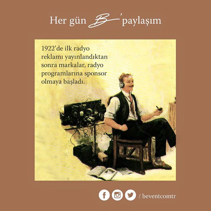 beventcomtr's tweet photo. 1922'de ilk radyo reklamı yayınlandıktan sonra markalar, radyo programlarına sponsor olmaya başladı. #PazarlamaTarihi http://t.co/yzFw0UXckR
