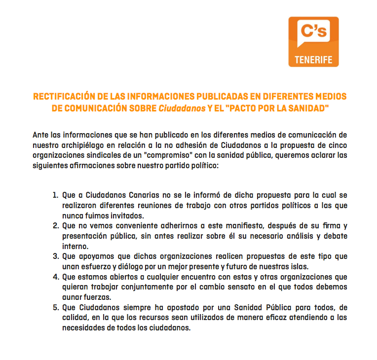 RECTIFICACIÓN de la información publicada en los medios de comunicación sobre Ciudadanos y el 'Pacto por la Sanidad'