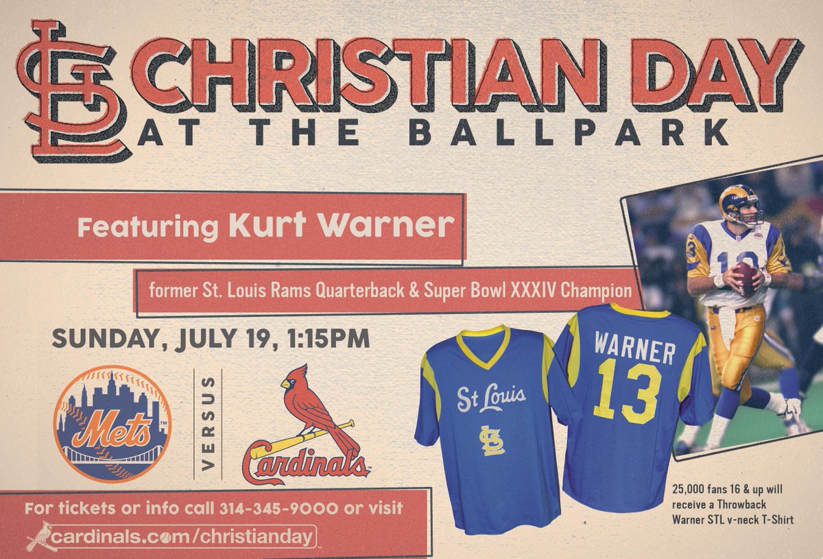 Cardinals's tweet photo. Just announced! @kurt13warner to speak at the July 19 game; 25,000 ticketed-fans get a shirt: http://t.co/ODbDIP7JaG http://t.co/IhOU64tl5u
