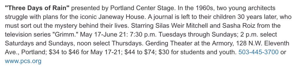 TeamSgtWu's tweet photo. Via @thecolumbian Don't Miss 'Three Days of Rain' @PCS_Armory Starring @sasharoiz @LisaDatz #SilasWeirMitchell #Grimm http://t.co/aU0e2rxbbN