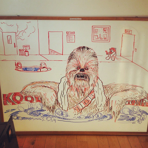tjkong's tweet photo. We made our new record under the watchful eye of @KawariSound @BillMoriarty + this picture of chewbacca in a hot tub http://t.co/jQENW09S9q