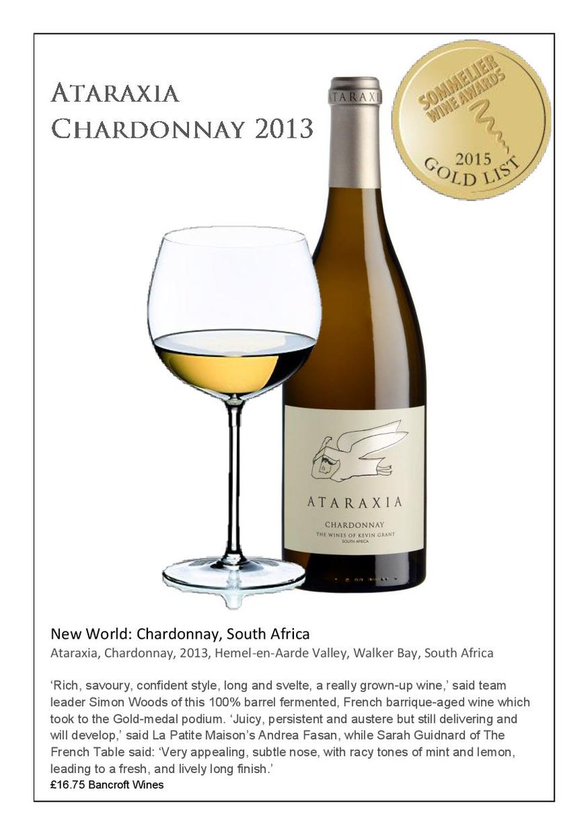 AtaraxiaWines's tweet photo. Ataraxia Chardonnay 2013 amongst the few South African wines awarded Gold at the 2015 Sommelier Wine Awards! http://t.co/Ahm7GiVcW0