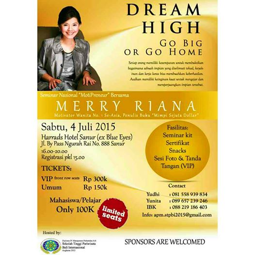 Seminar Entrepreneur Mastery by Merry Riana
Sabtu 4 Juli 2015. LINE : merryriana_stpbi @infobali <a href="/SeminarBali/">INFO SEMINAR BALI</a>