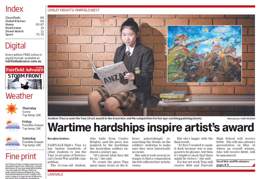 FairvaleHigh's tweet photo. Congrats to Yr10 student Tina Le who has won the Great War & Me Art comp @fairfieldadvanc @learnDEC #decshowcase http://t.co/KKVm1Hpgvp