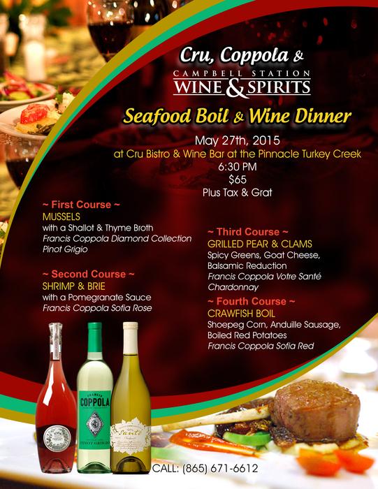 KnoxBev's tweet photo. Don't forget to sign up for the @CruBistroWine #CrawfishBoil featuring @coppolawine! Reserve your seat at 671-6612. http://t.co/GXb3Q6AtAQ