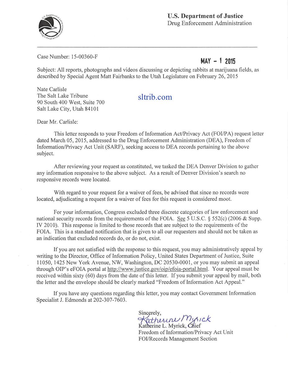 The #DEA says has no reports on stoned rabbits. Earlier: sltrib.com/opinion/224424… <a href="/_cingraham/">Christopher Ingraham🦗</a> #FOIA #utpol #marijuana