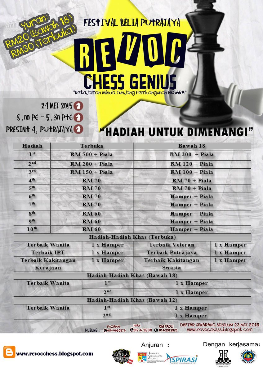 RevocChess's tweet image. Penyertaan terbuka kepada SEMUA warganegara &amp;amp; bukan warganegara. Ayuh daftar sekarang di revocchess.blogspot.com 😀