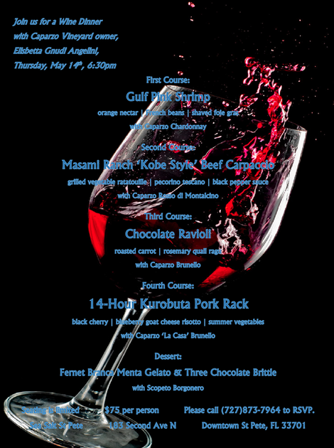 CAPARZO WINE DINNER May 14 Caprazo Vineyard owner Elisabetta Gnudi Angelini will be <a href="/SeaSaltStPete/">Sea Salt St. Pete</a>. Call 727.873.7964