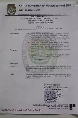 ppru2015's tweet photo. Seputar Pemira 2015
Berikut kami paparkan Surat Keputusan Panitia Pemilihan Raya Universitas (PPRU) Universitas Riau http://t.co/n8fMmhzm9l