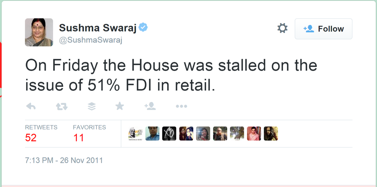 Neeraj_AapBadli's tweet photo. Pad le @KanchanGupta @MrsGandhi Parliament was stalled by the Louts of BJP in the name of 51% #RetailFDI? And now? http://t.co/lxrBl6ZgDY"