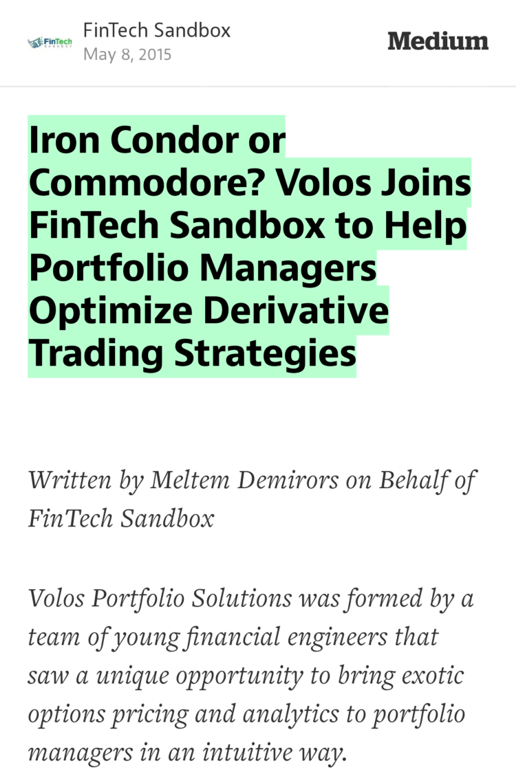 VolosSoftware's tweet photo. “Iron Condor or Commodore? Volos Joins FinTech Sandbox to Help Portfolio…” —@FinTechSandbox https://t.co/g2SL00yRa1 http://t.co/92yIdcwv8i