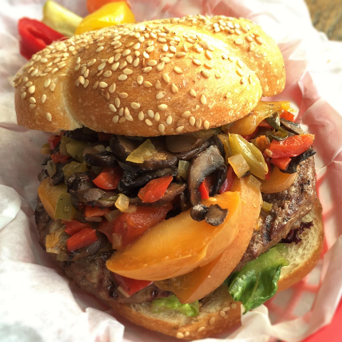 victoryburger's tweet photo. #BOTW: cold-smoked Frog Hollow apricots, madeira wine-braised mushrooms &amp; peppers, fresh mayo @FiveDotRanch #burger http://t.co/nvX1psiBiD