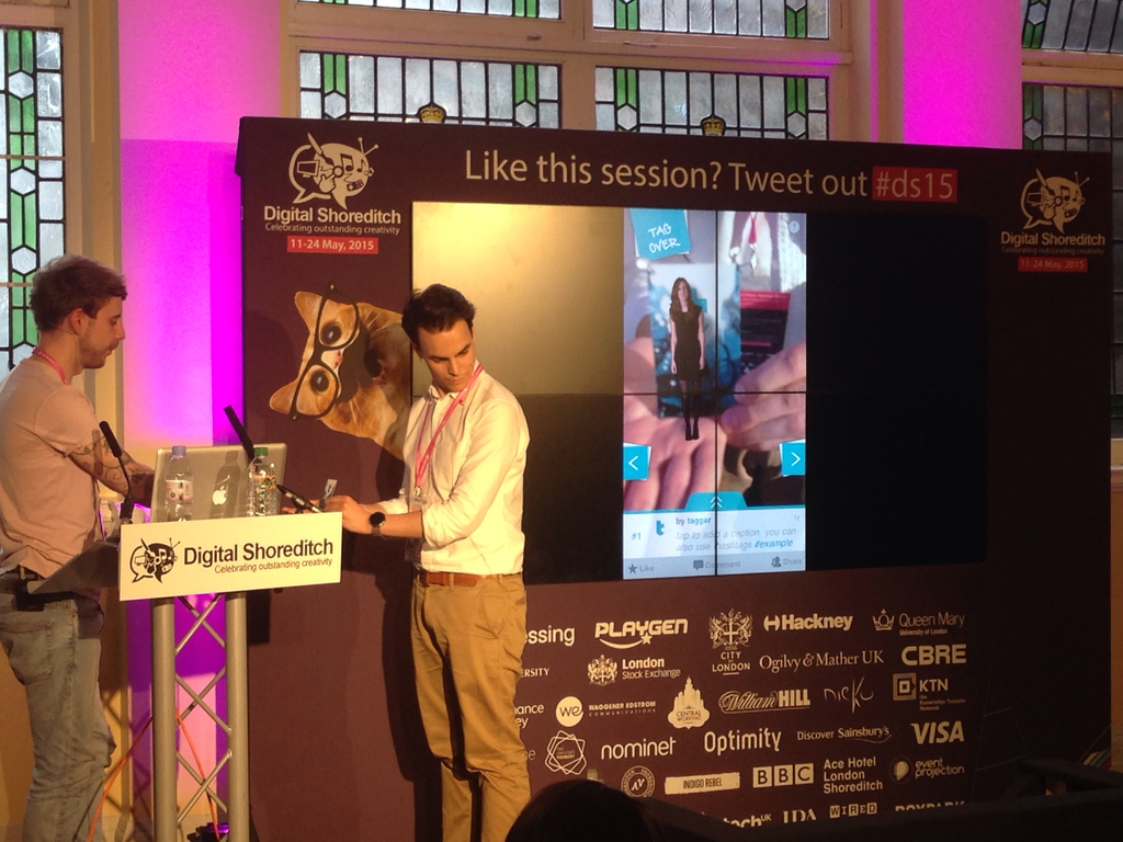 DigiShoreditch's tweet photo. .@JoeFenton and @benja_fry showing a business card coming to life in social augmented app #tagger #DS15 http://t.co/ZmfjpTLOx8