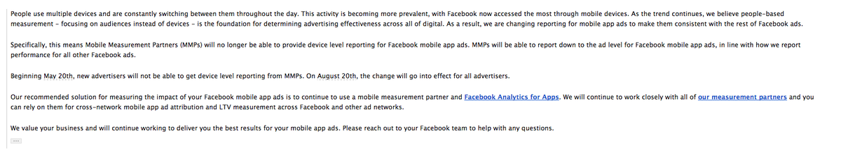 growwithbamboo's tweet photo. Facebook is quietly pulling the plug on device ID sharing with it's mobile advertisers. HUGE news. h/t @taekwonkevin http://t.co/JknsDLOzDr
